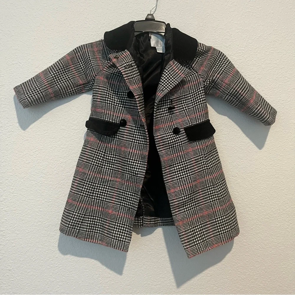 Edgehill Little Girls Velvet Collar Double Breasted Plaid Tweed Coat Size 2-3